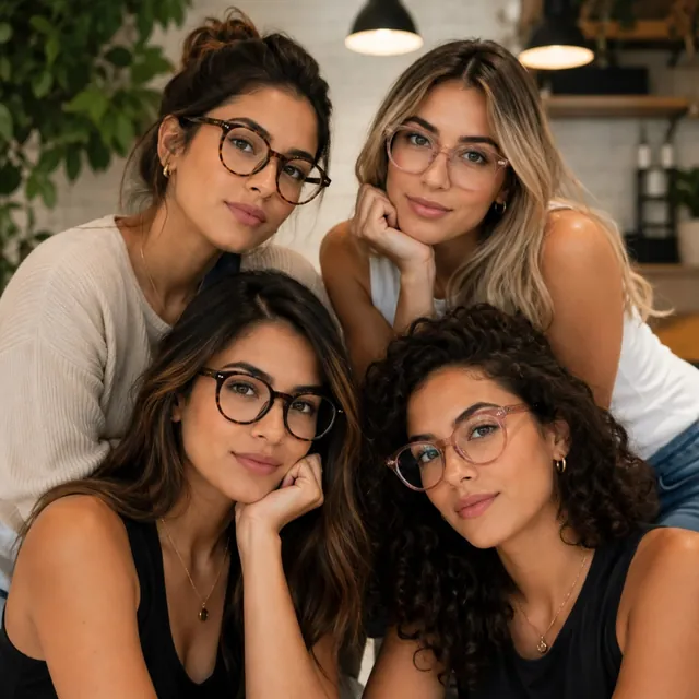 Cuatro mujeres con monturas redondas de acetato en carey y rosa transparente