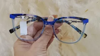 Montura de acetato en dos tonos, azul jaspeado arriba y celeste translúcido abajo, para dama