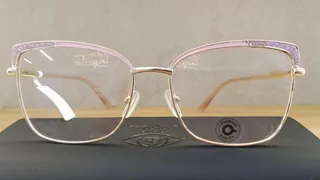 Montura metálica dorada estilo ojo de gato con ceja rosa y brillo lila, sobre un estuche, para dama