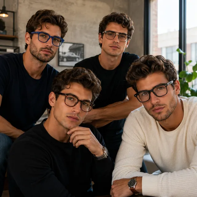 Cuatro hombres con monturas de acetato en azul, gris transparente, carey y negro