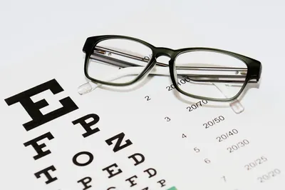 Gafas de montura negra sobre una carta optométrica